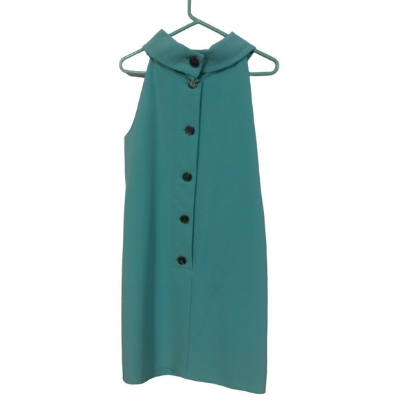 Cowl Neck Shift Dress Sail to Sable Turquoise Slvls. Button Back 60's Vibes L - Picture 4 of 7